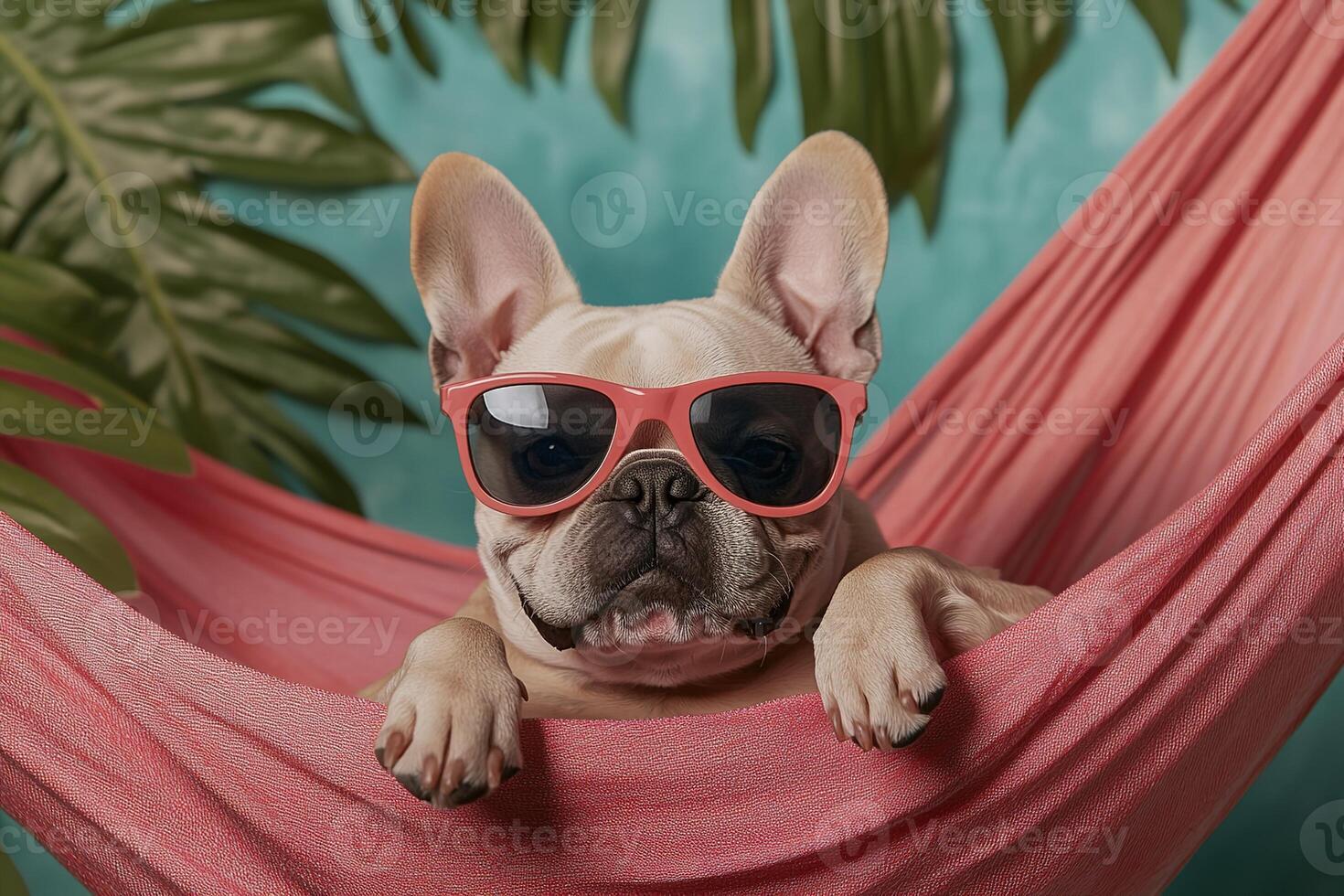close-up pleased French bulldog dog in sunglasses resting in pink hammock on blue background with palm leaves around photo