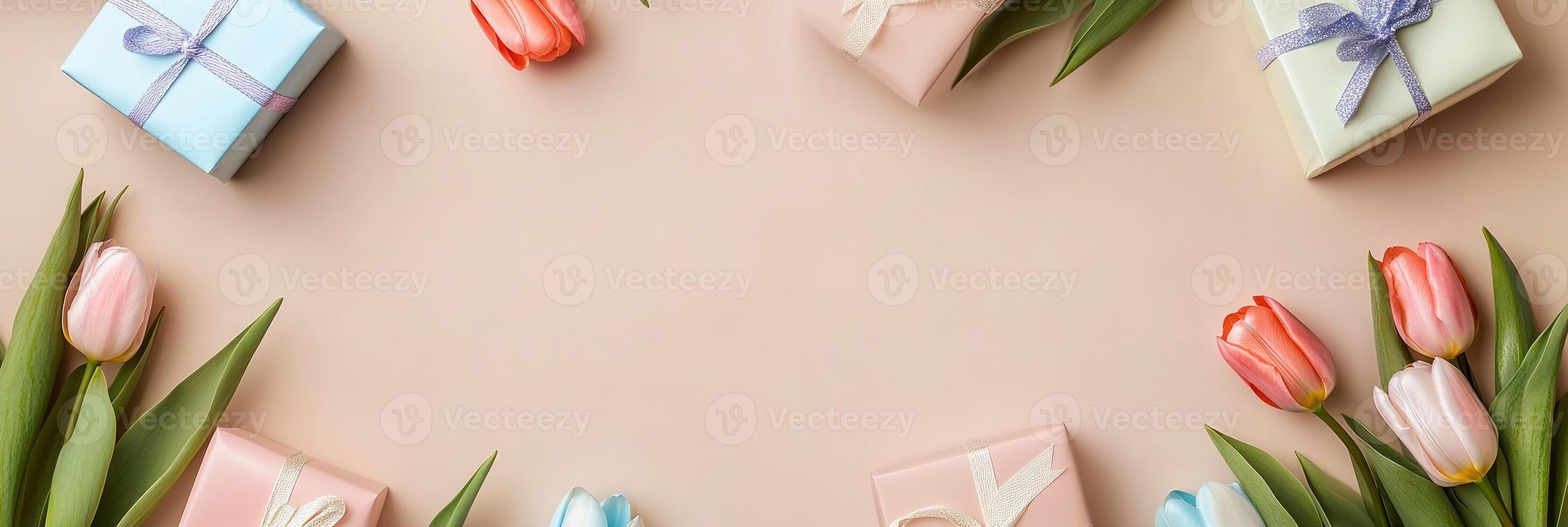 banner with tulips flowers border frame with small gift boxes on pastel pink background top view floral springtime template with copy space photo