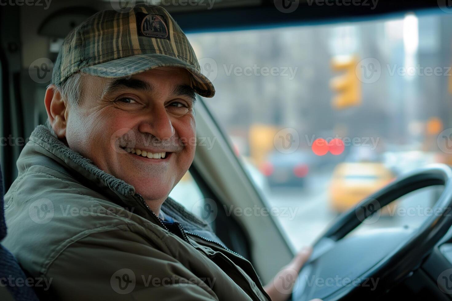 Portrait of middle aged man in cap driving car with blurred background, friendly taxi driver concept photo