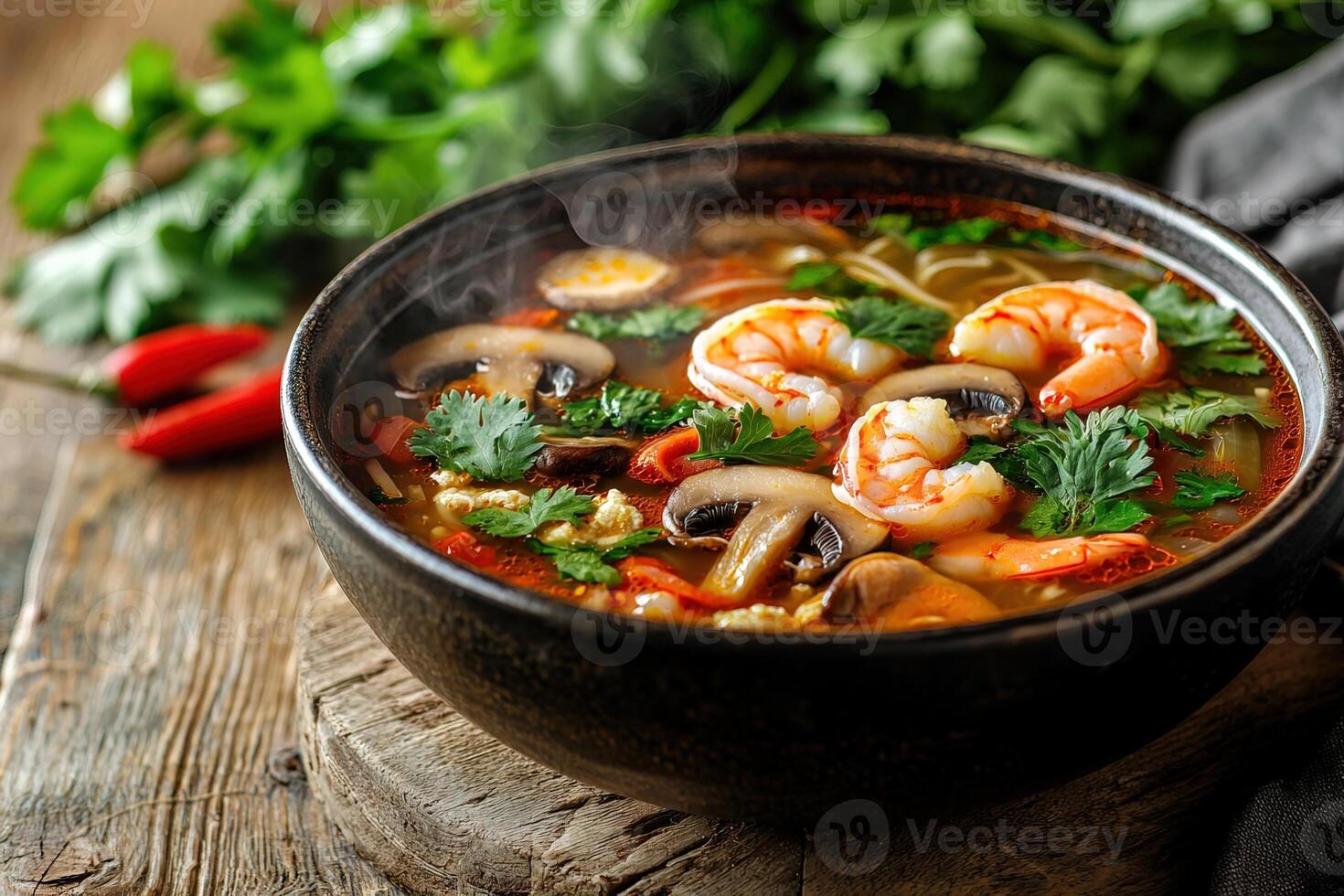 close-up of a bowl of delicious tom yum soup on a wooden table surrounded by green herbs and pepper photo