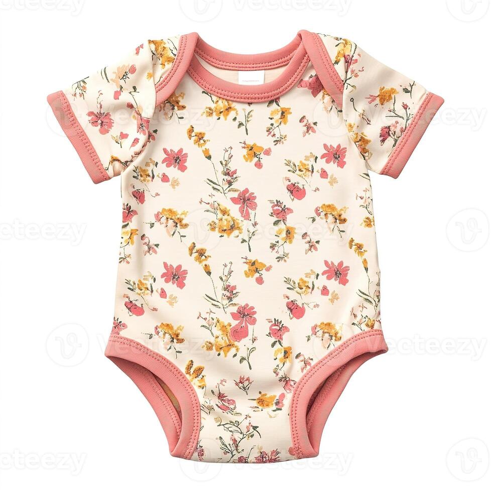 top view adorable little baby overalls with pastel colors floral pattern, newborn clothes isolated on white background photo