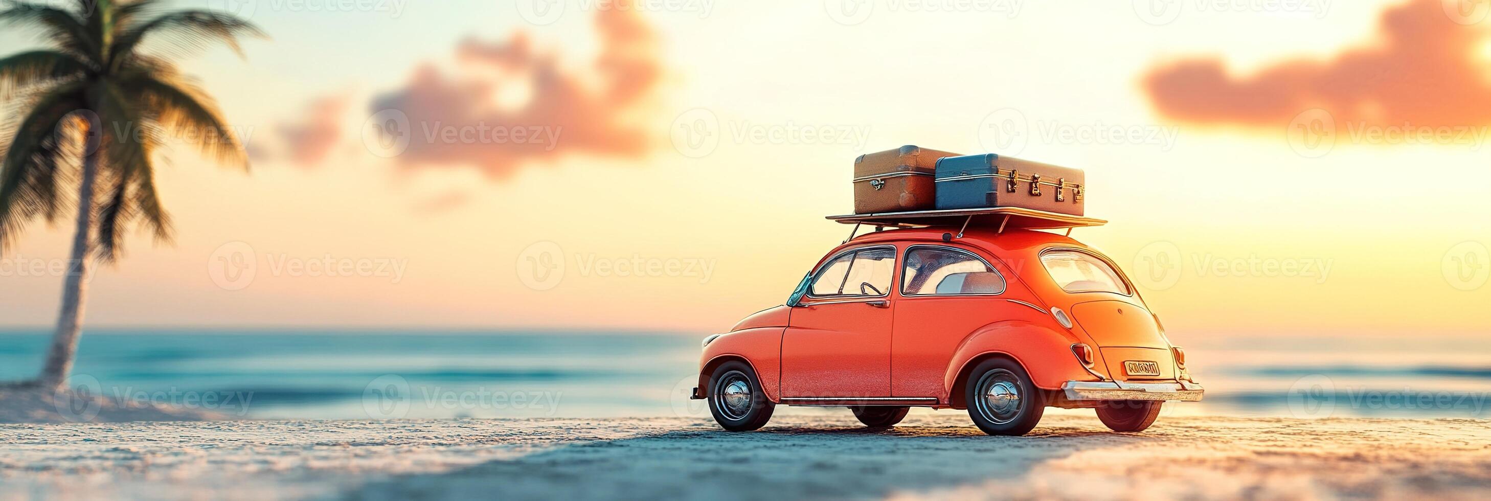 banner image little orange retro toy car with luggage on blurred sea or ocean beach with green palm trees background at sunset or sunrise with copy space summer vacation traveling concept photo