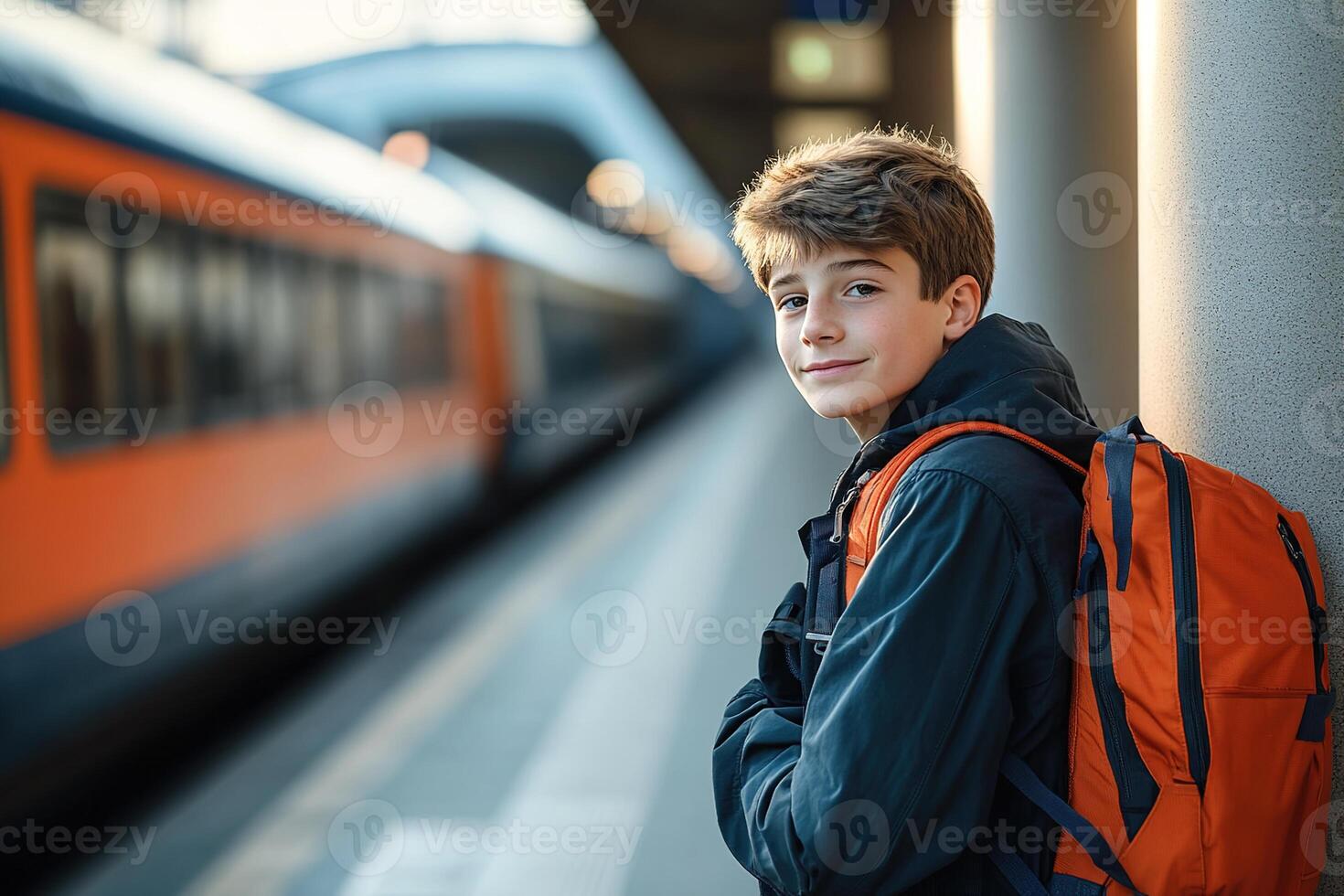 Portrait of smiling teenage boy in jacket and orange backpack standing on railway platform with train on blurred background photo