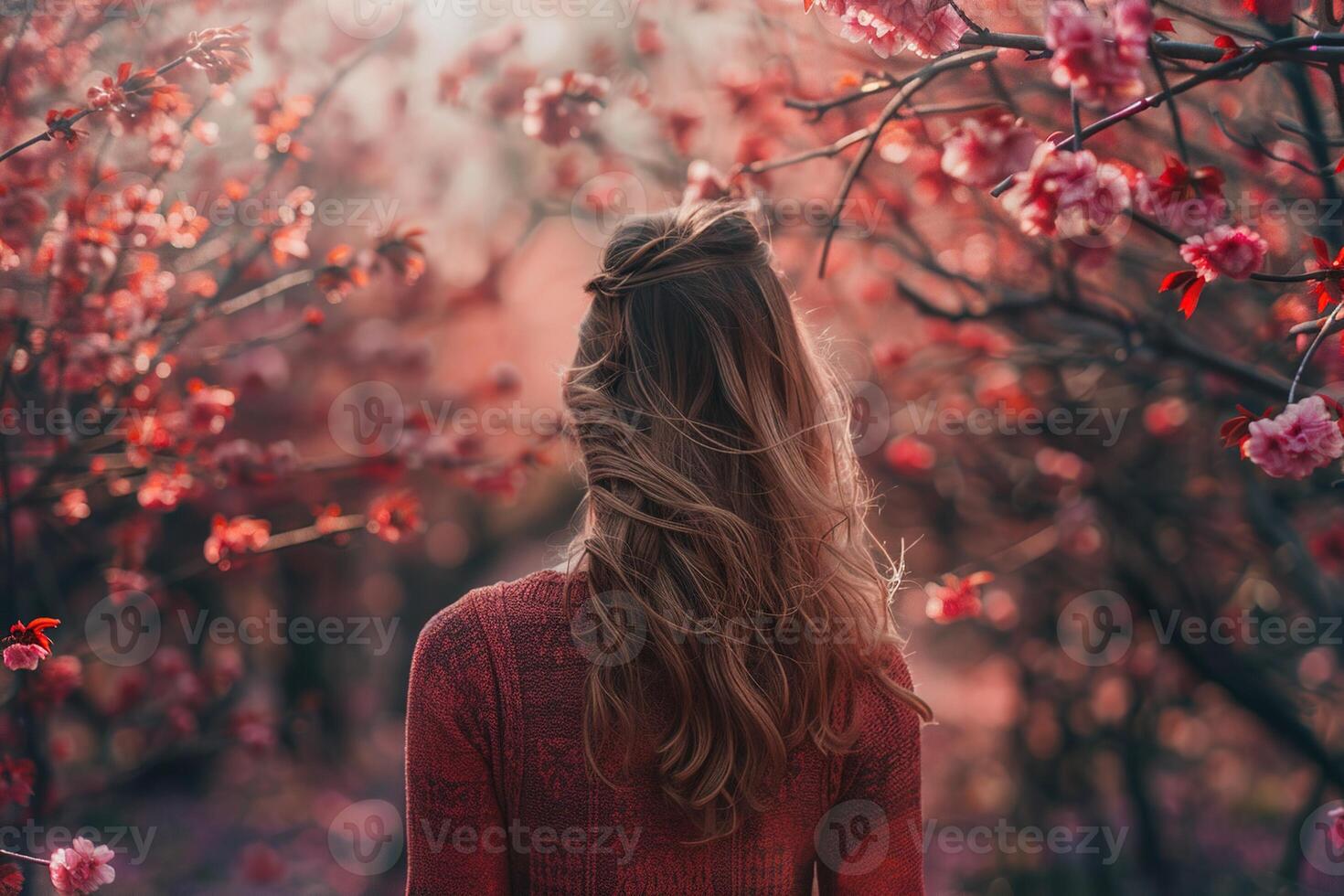 back view woman with long hair in sweater standing in park among blooming trees with pink flowers and blurred background photo
