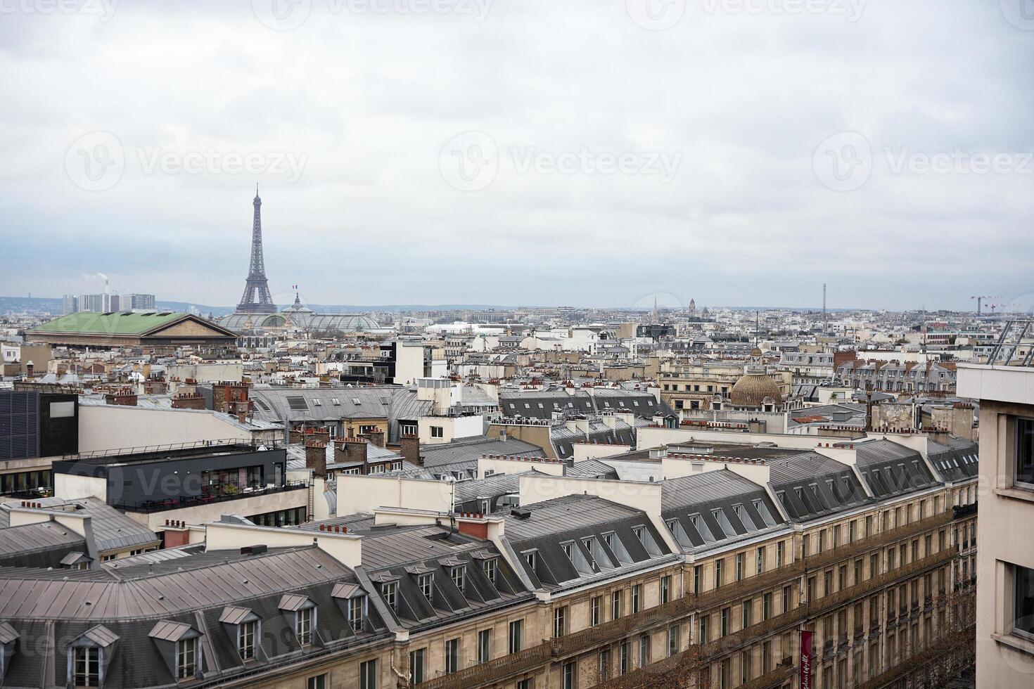 Paris rooftops with Eiffel Tower and historic landmarks under cloudy skies photo