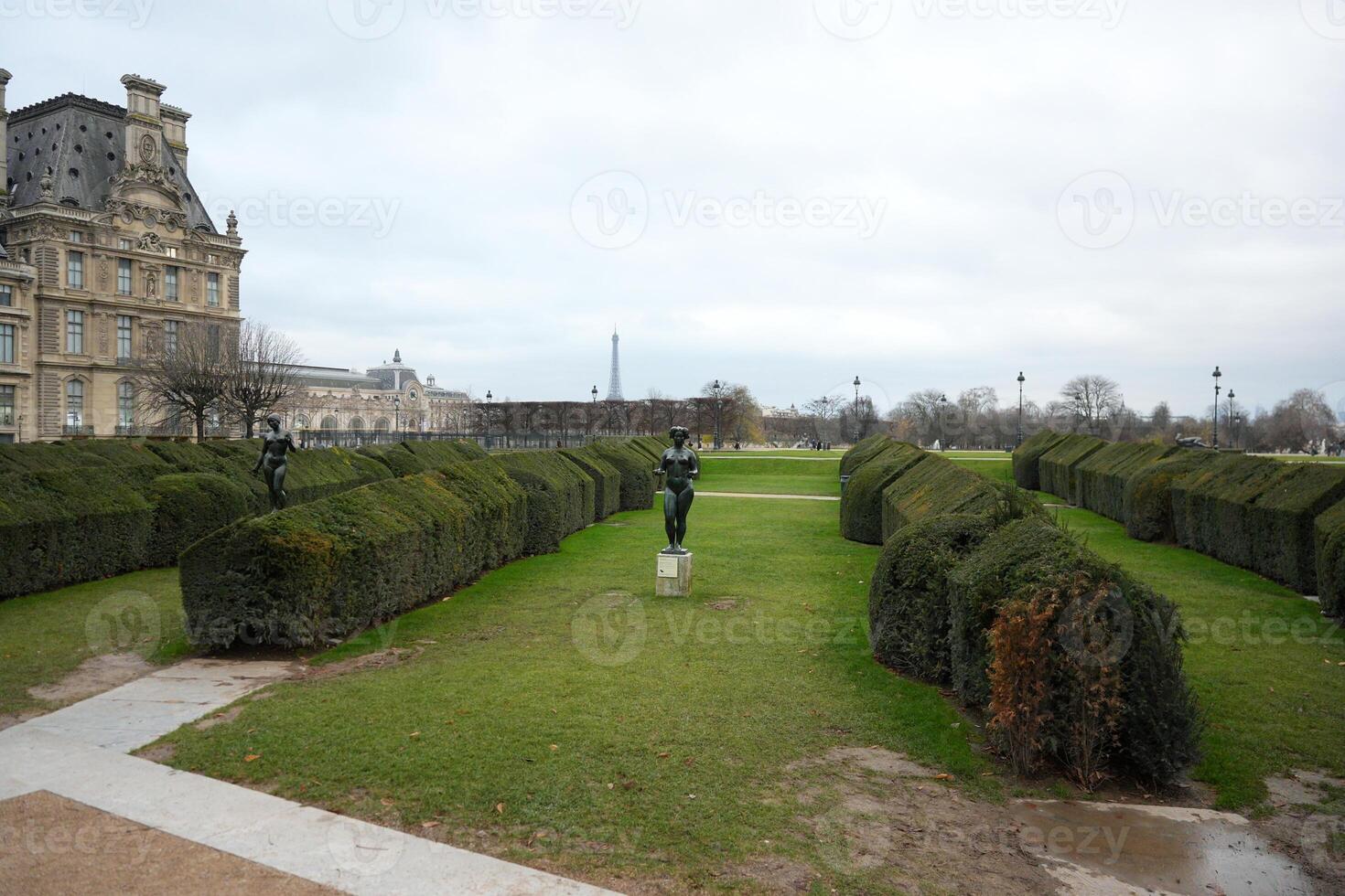 Statue and manicured hedges in Tuileries Garden. Eiffel Tower in the background photo