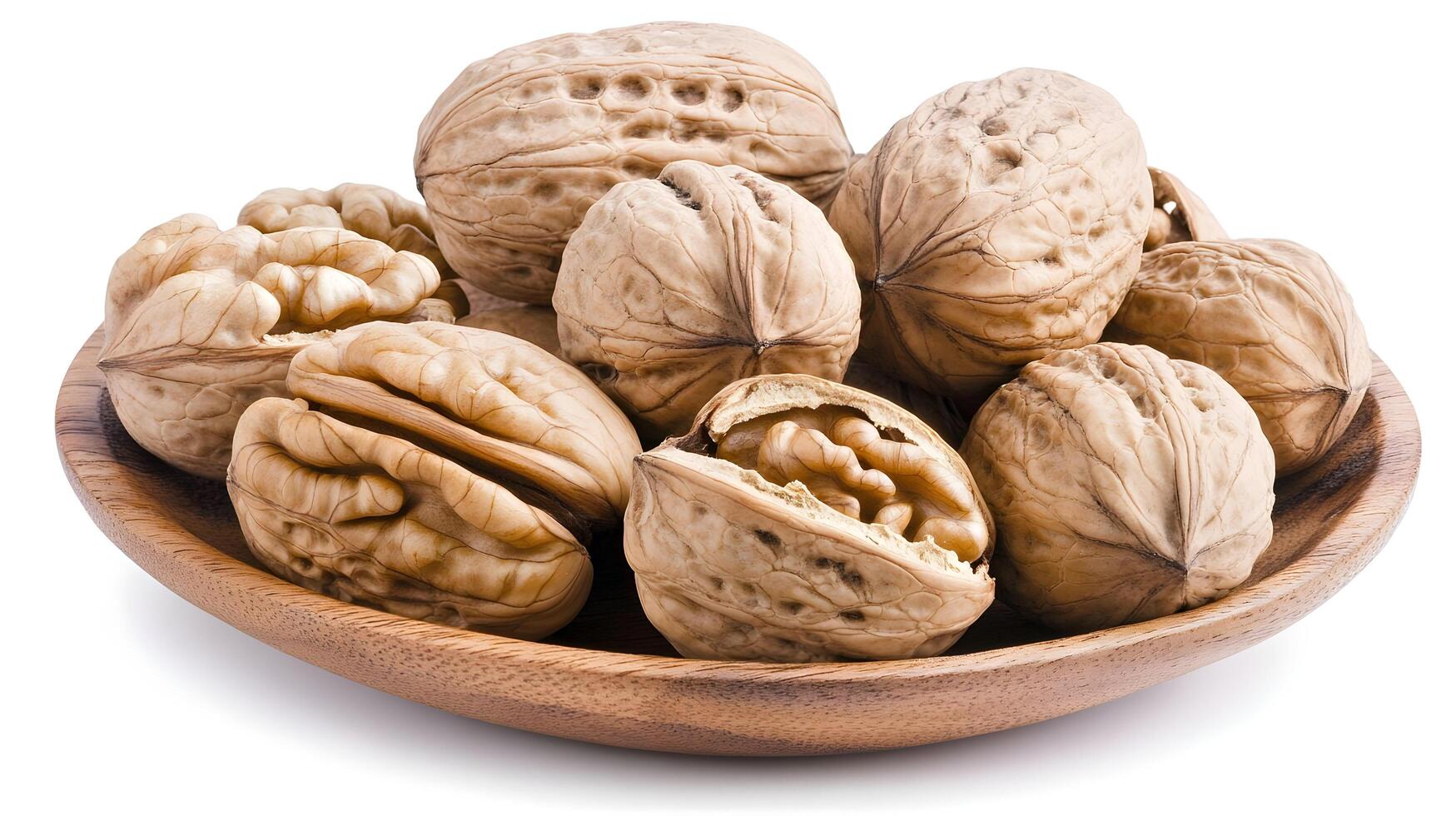 A rustic wooden crate overflowing with earthy brown walnuts, a bounty of nature's goodness, ready for harvest or market, showcasing warm tones and natural light photo