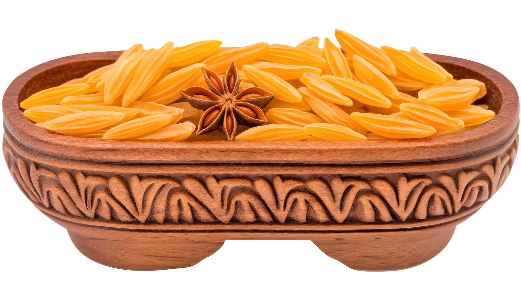 Golden orzo pasta nestled in a beautifully carved wooden bowl, ready for a culinary adventure, showcasing warm, inviting tones and detailed craftsmanship photo