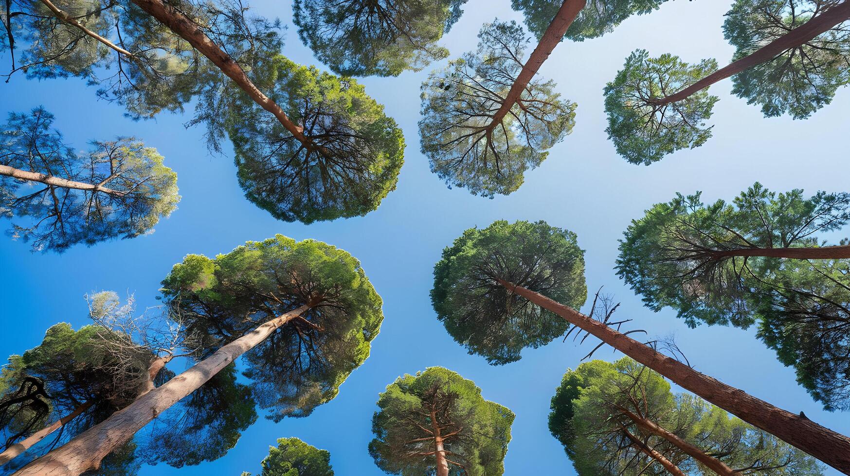 Stunning Worms Eye View of Tall Pine Trees Against a Clear Blue Sky photo