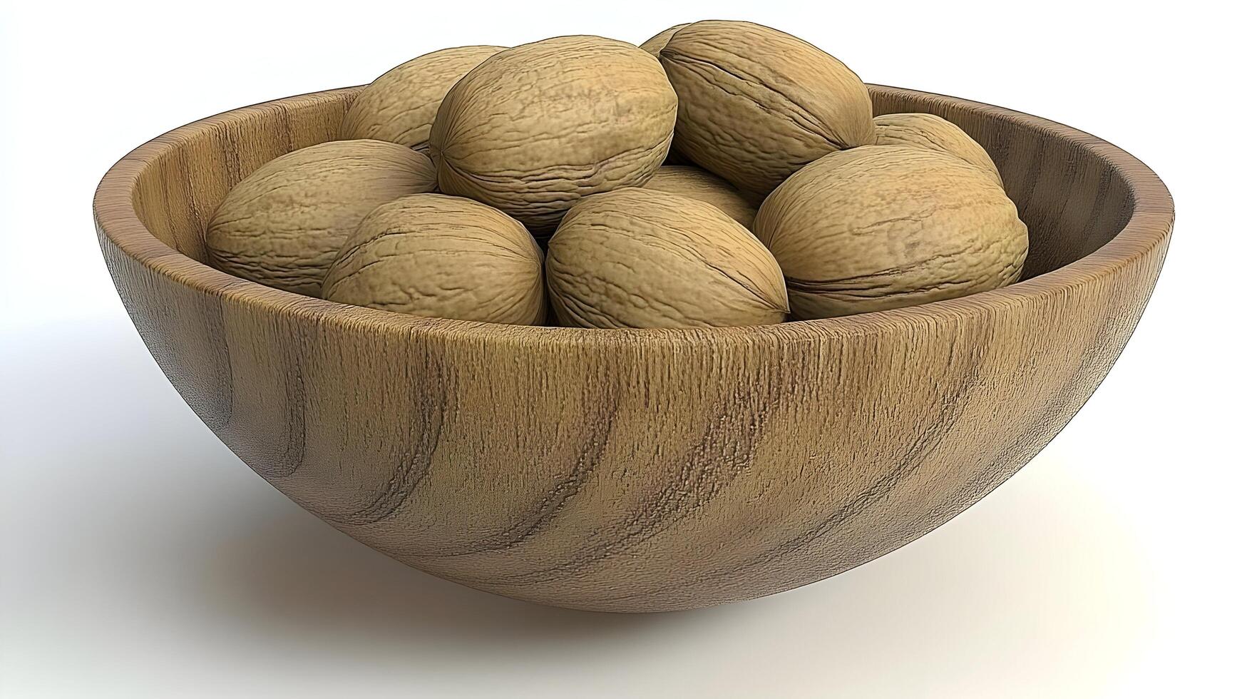 A rustic wooden bowl overflowing with earthy walnuts, a simple autumnal still life, showcasing natural light and warm tones. photo