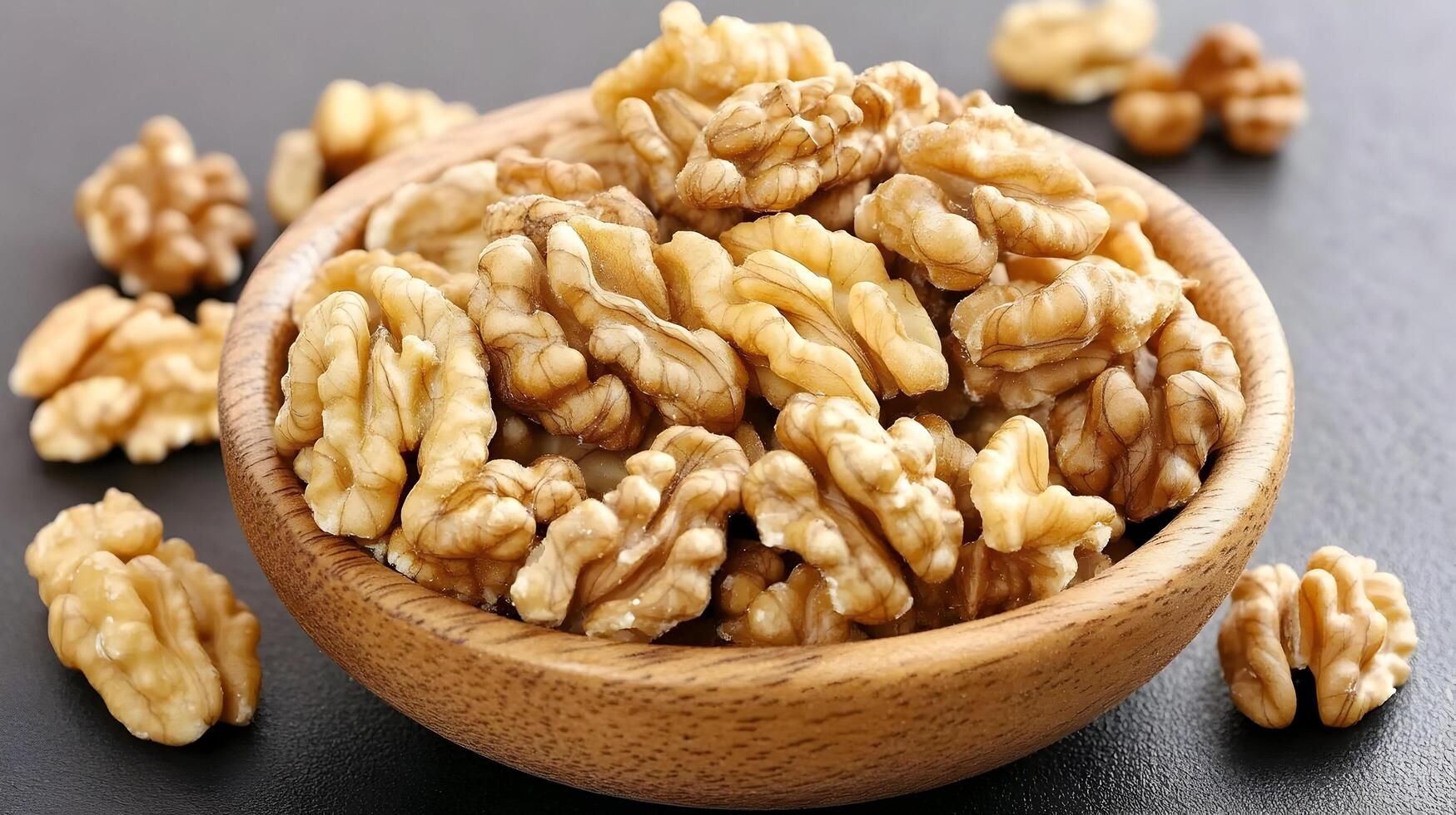 A rustic wooden bowl overflowing with wholesome walnuts, a healthy and delicious snack, ready to nourish and delight with warm, natural light. photo
