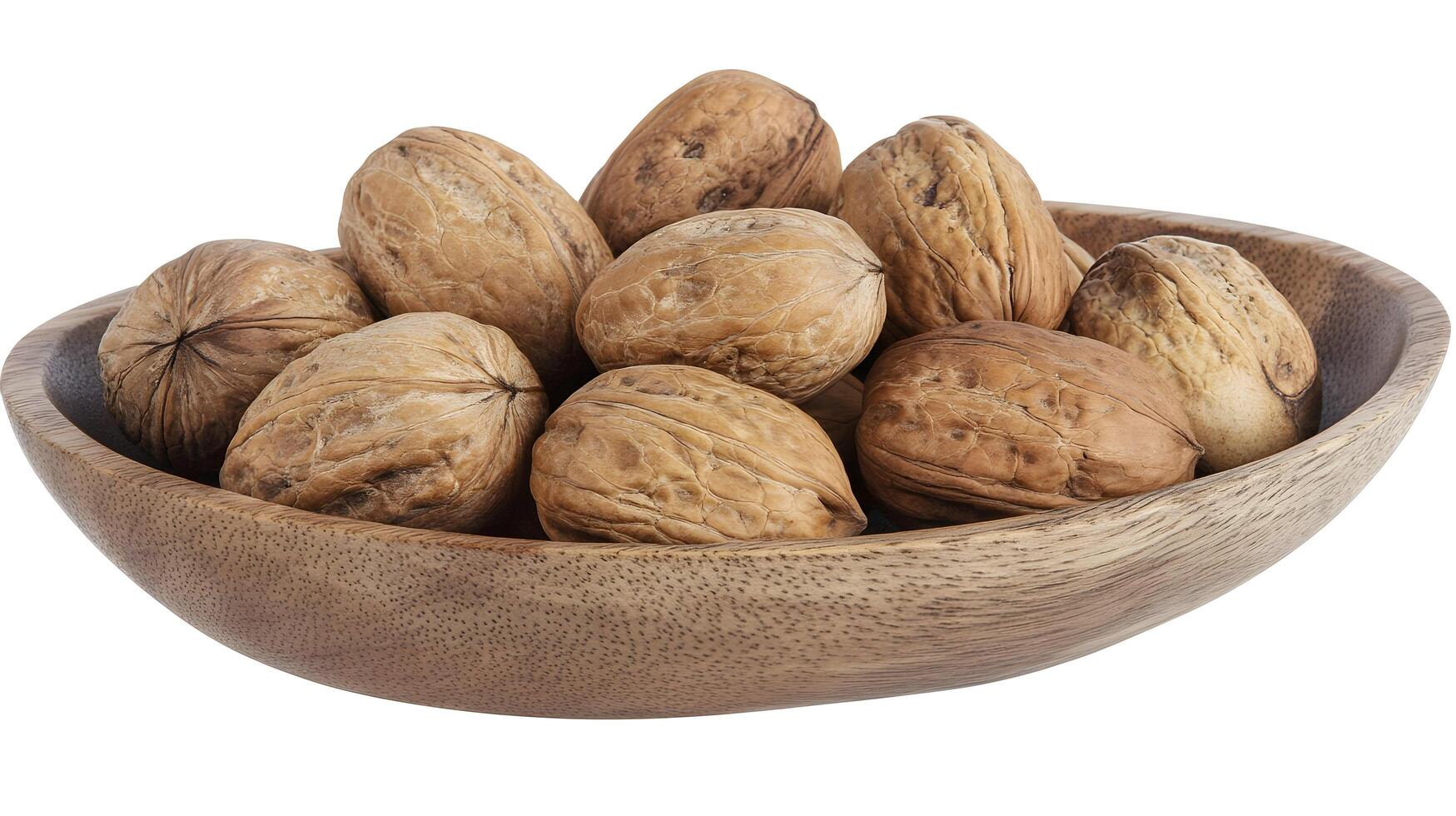 A rustic wooden bowl overflowing with plump, earthy walnuts, their rich brown hues hinting at the warmth and wholesome goodness within, a simple still life of nature's bounty. photo