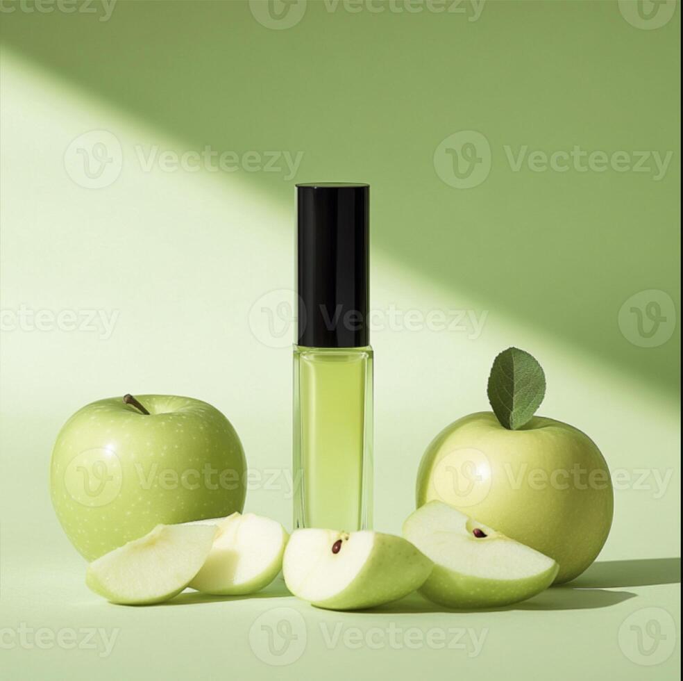 Green apple-inspired perfume with fresh apples on a green background. Fragrance and nature concept photo