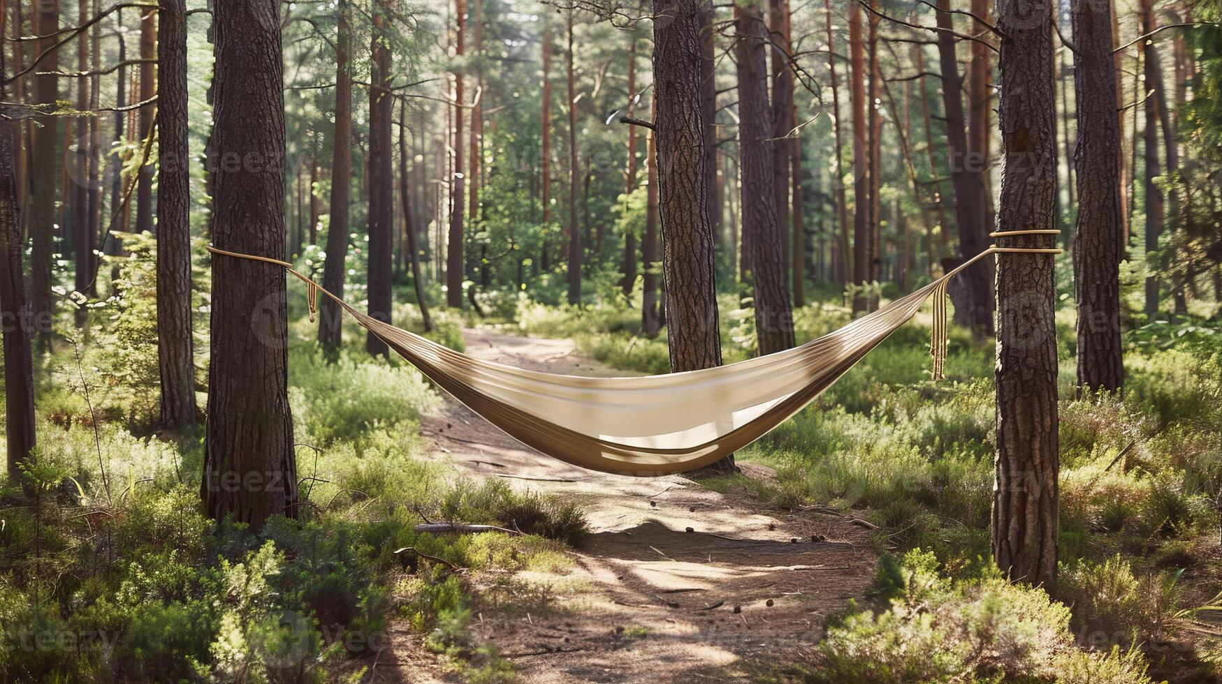 A hammock in a forest with fir trees, nature landscape in summer photo