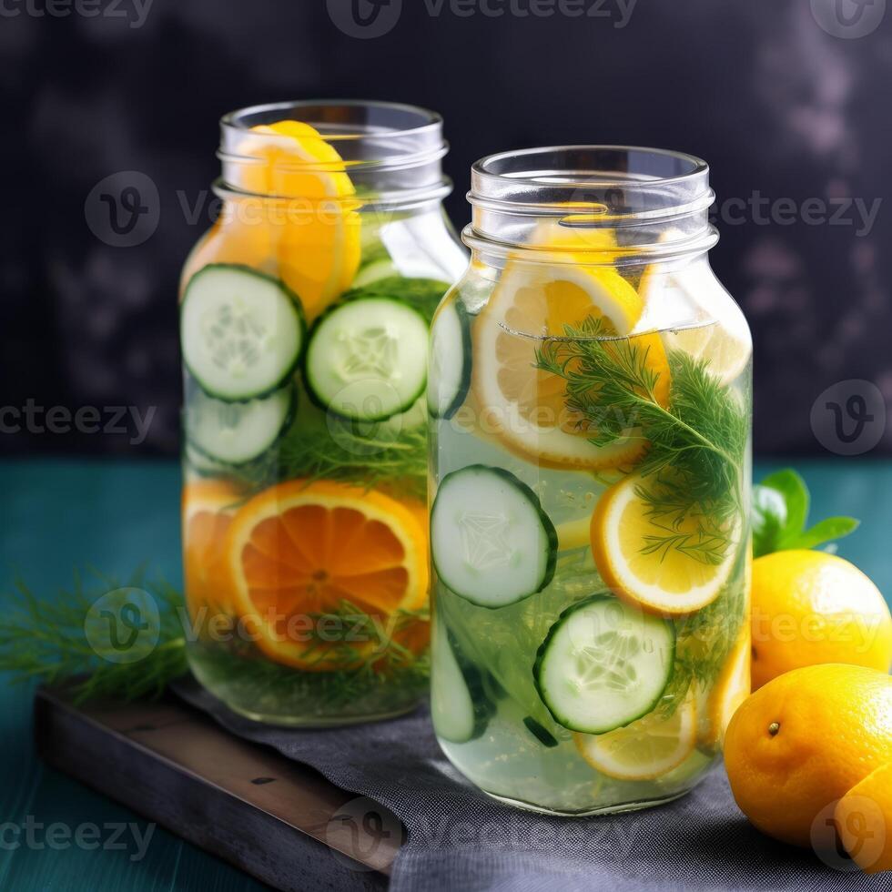 Two jars of water with cucumber, orange slices and dill. photo