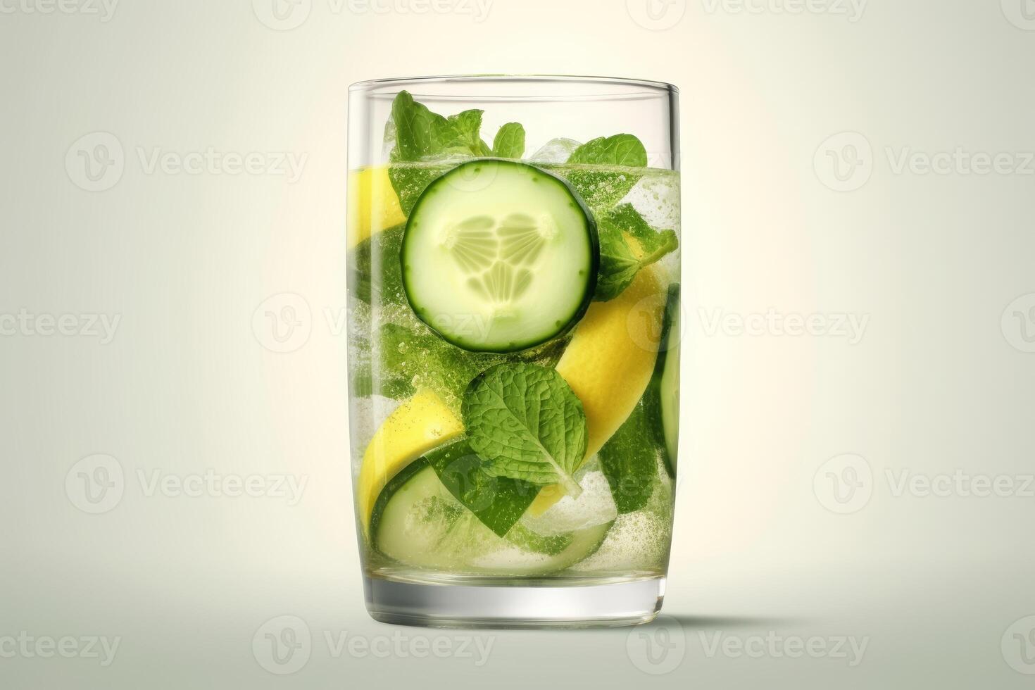 Fresh cool detox water drink with cucumber and lemon. glass of Lemonade with basil and mint leaves. Concept of proper nutrition and healthy eating. photo