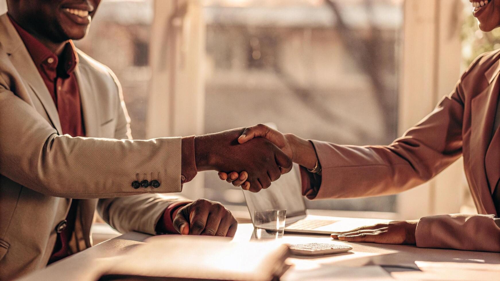 Two people shaking hands at a table photo