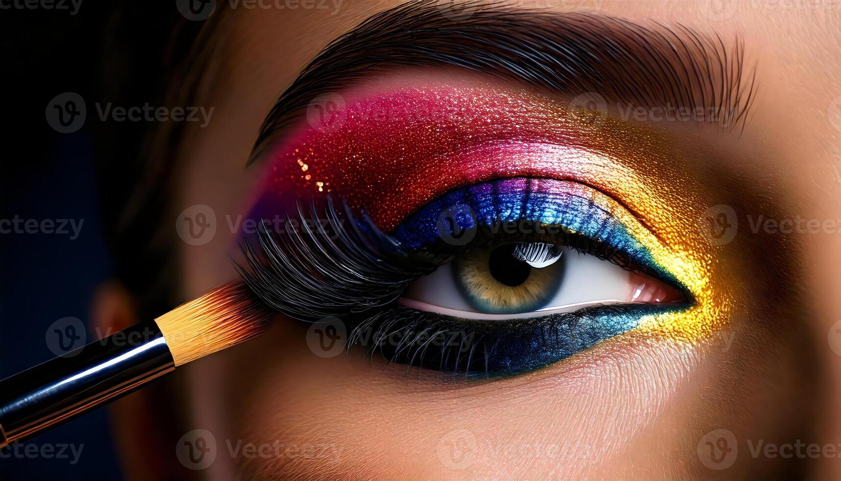 Eye with colorful eyeshadow and long lashes, being touched up with a makeup brush. photo