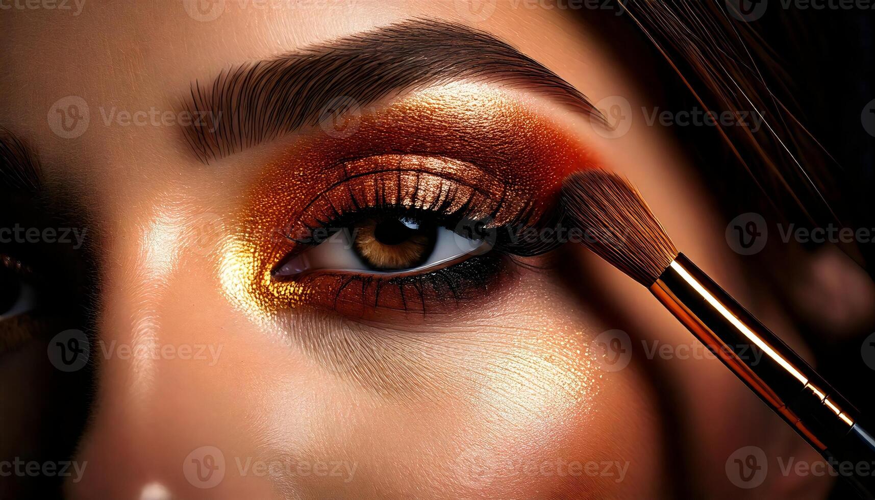 Eye with gold eyeshadow and long lashes, being touched up with a makeup brush. photo