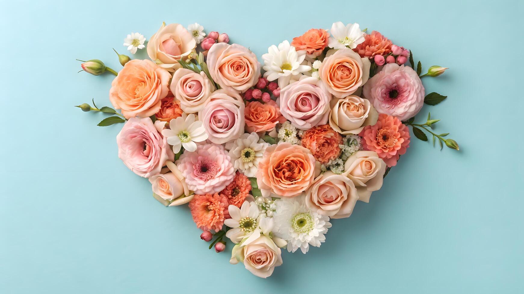 Floral heart made of pastel colored flowers on solid blue background photo