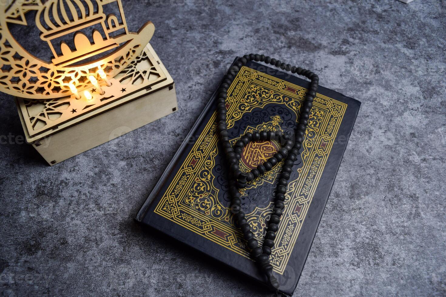 golden ramadhan lamp with islamic rosary beads on dark background ramadhan. Islamic photo