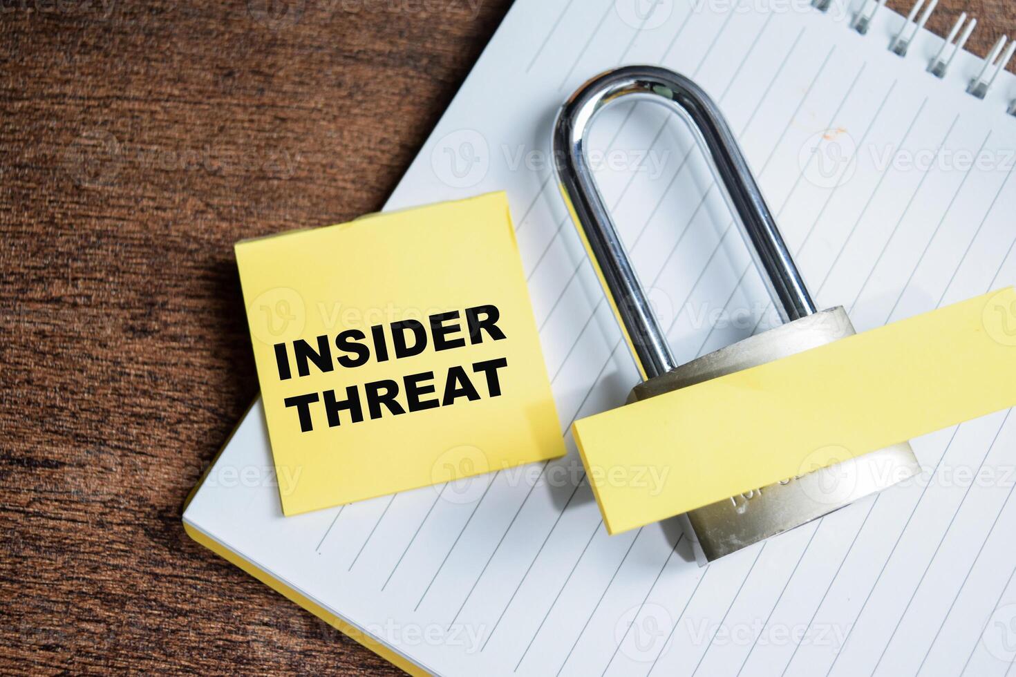 Concept of Insider Threat write on sticky notes and padlock isolated on Wooden Table photo