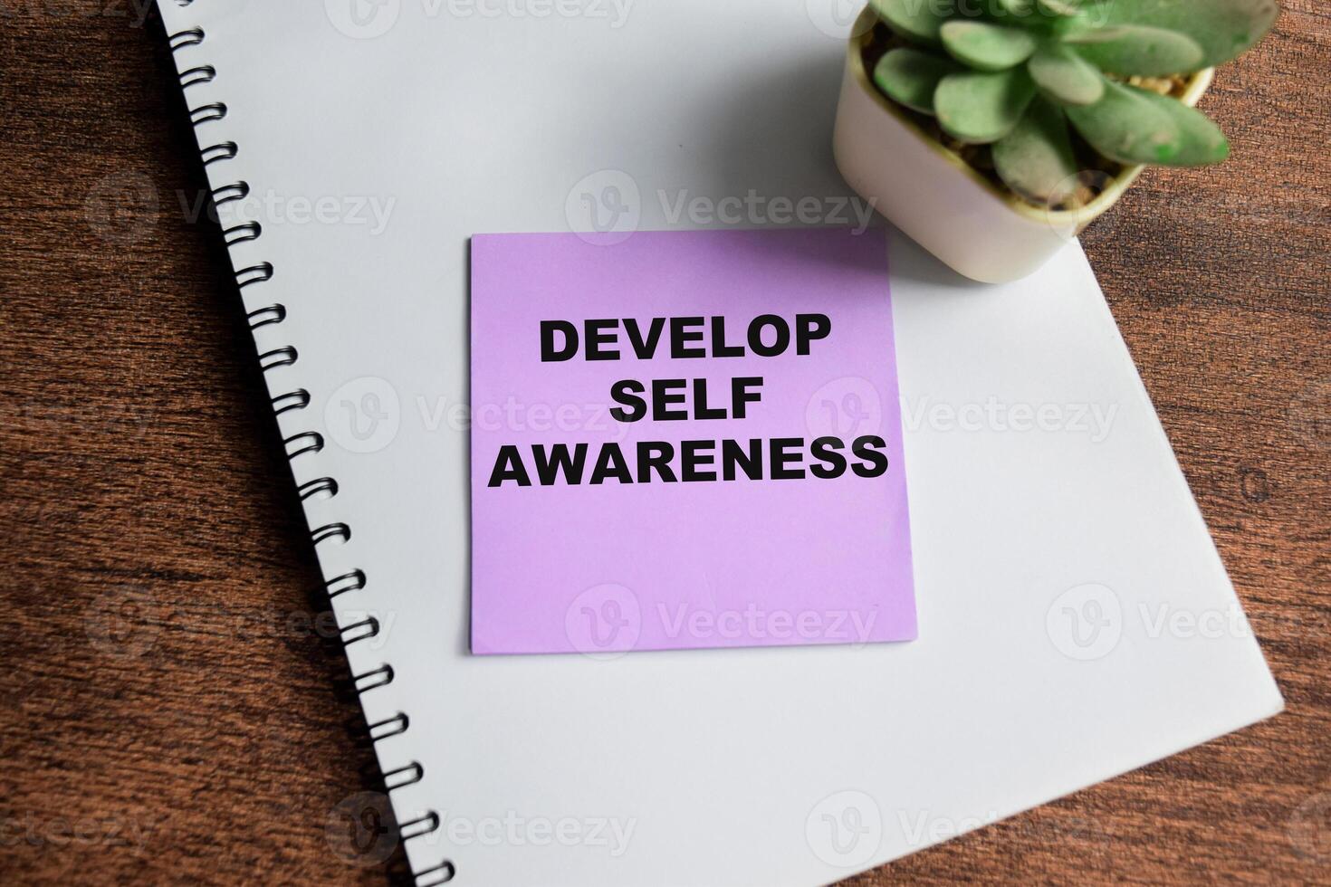 Concept of Develop Self Awareness write on sticky notes isolated on Wooden Table. photo
