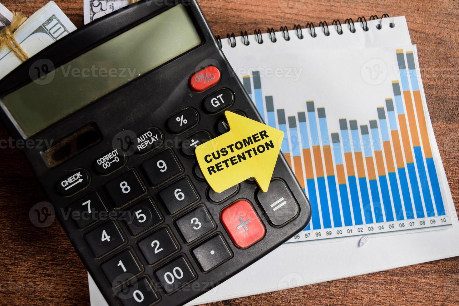 Concept of Customer Retention write on sticky notes isolated on Wooden Table. photo