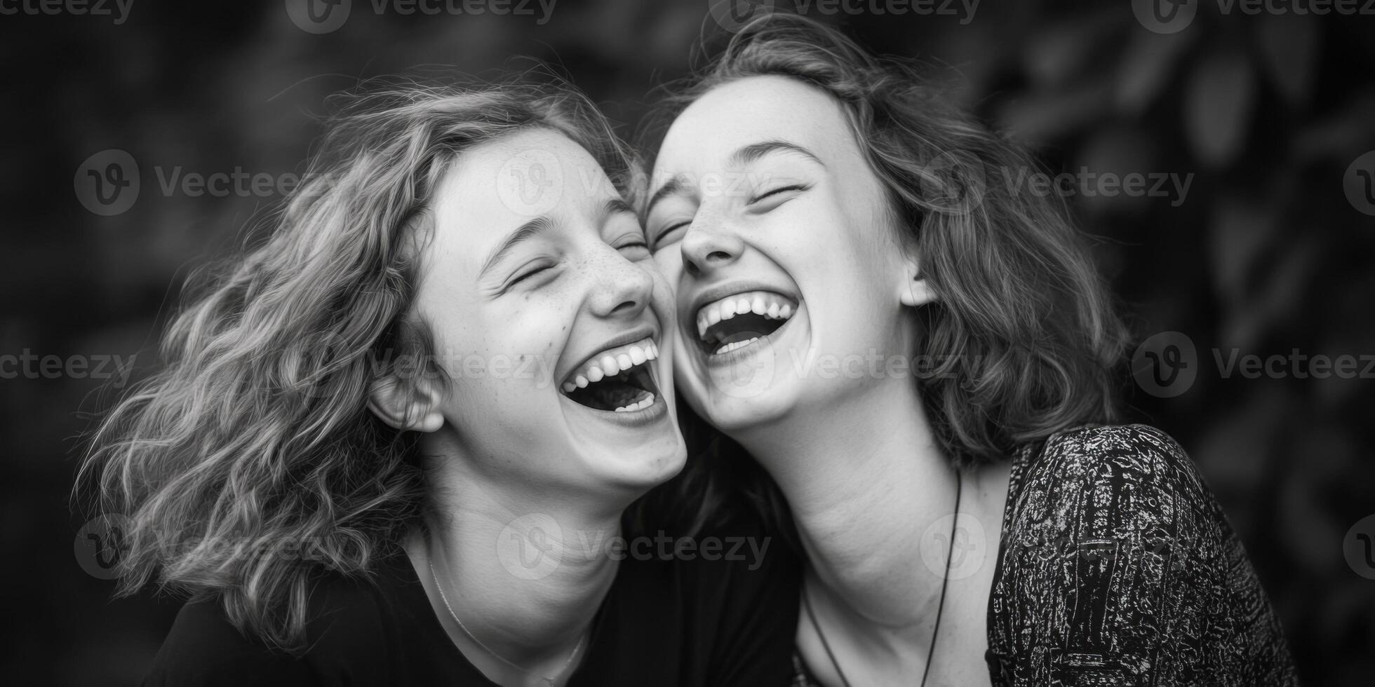 A group of joyful friends laughing cheerfully together in a stunning black and white photograph photo