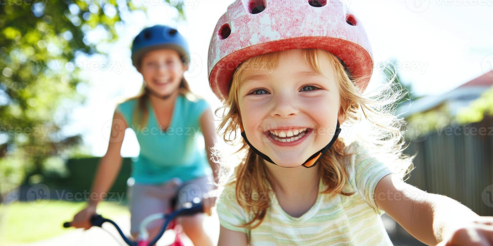 Joyful and cheerful kids riding their bikes under the bright summer sunlight and enjoying life photo