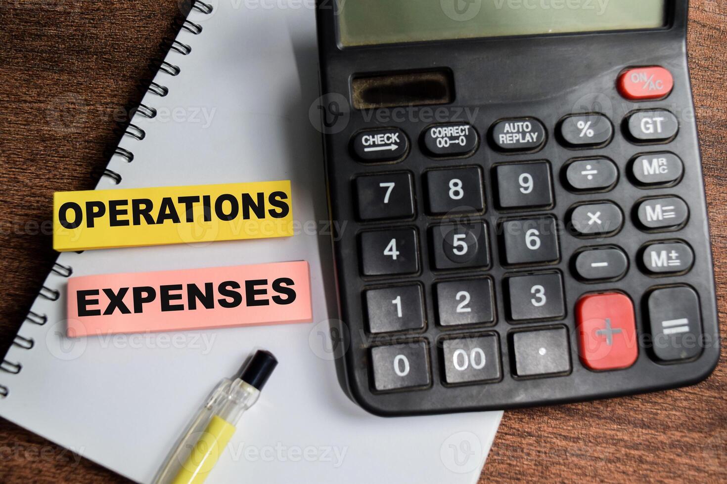 Concept of Operations Expenses write on sticky notes isolated on Wooden Table. photo
