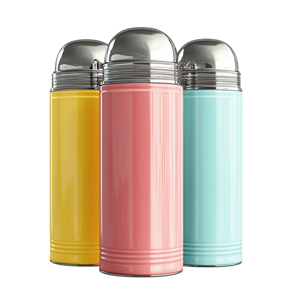 Three colorful stainless steel water bottles with lids png