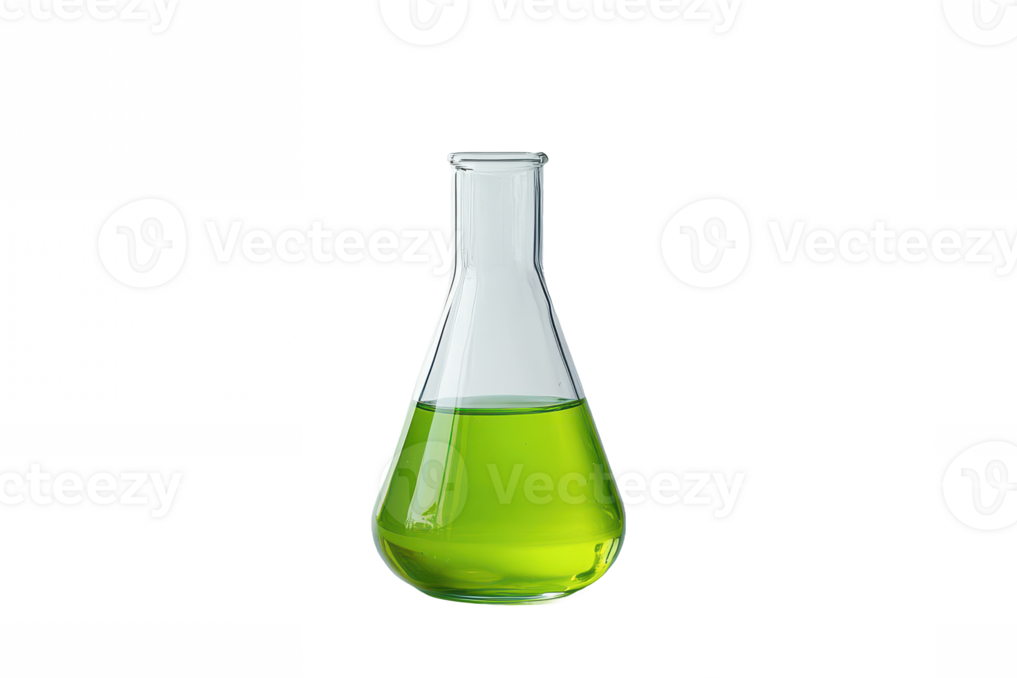 A glass flask with green liquid in it png