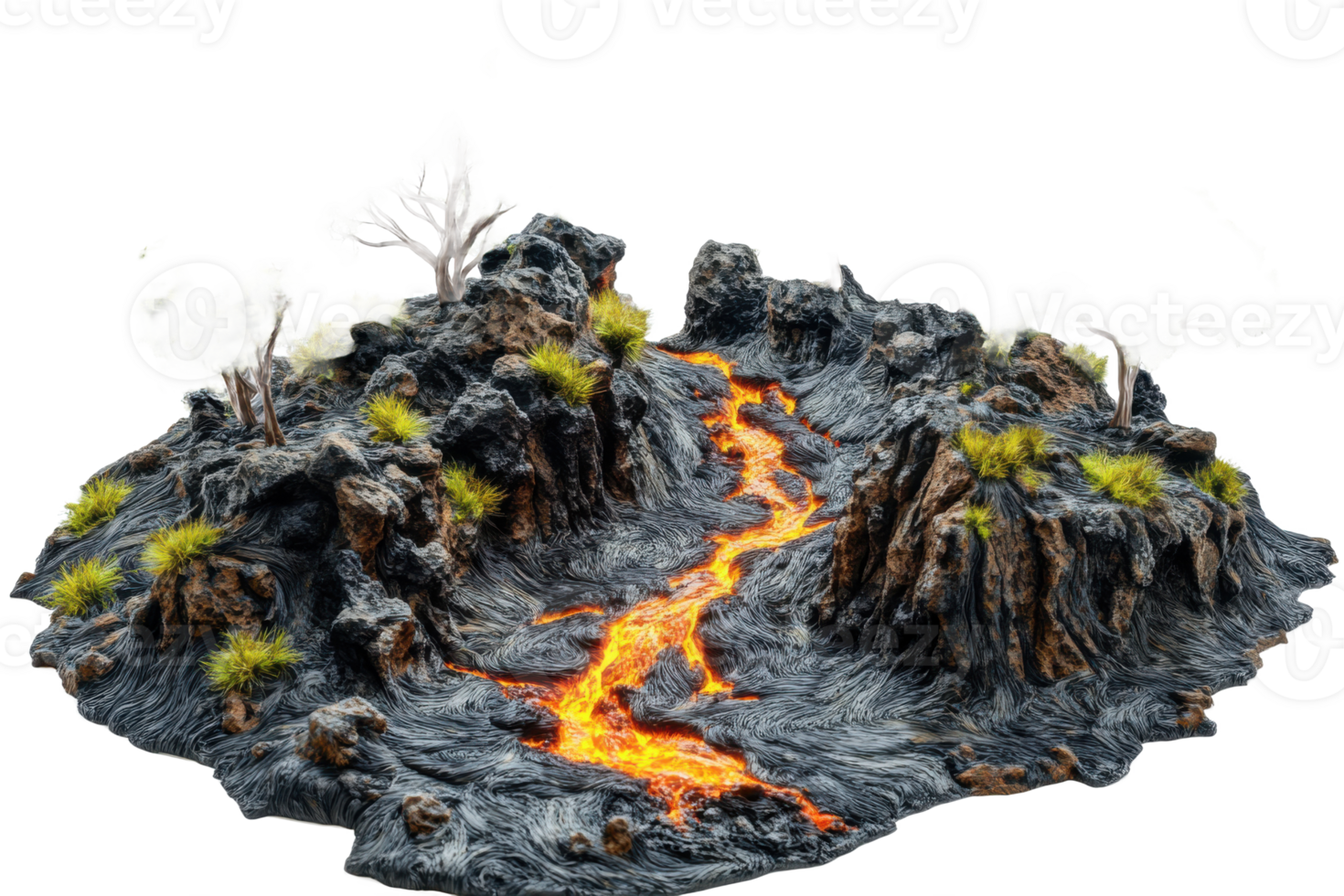 A lava flow with trees and rocks png