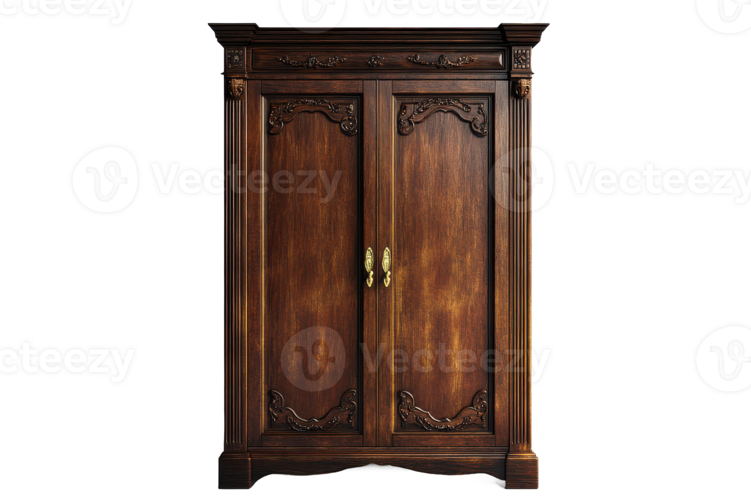 A detailed view of a dark wooden wardrobe with two doors and decorative carvings on a neutral background png