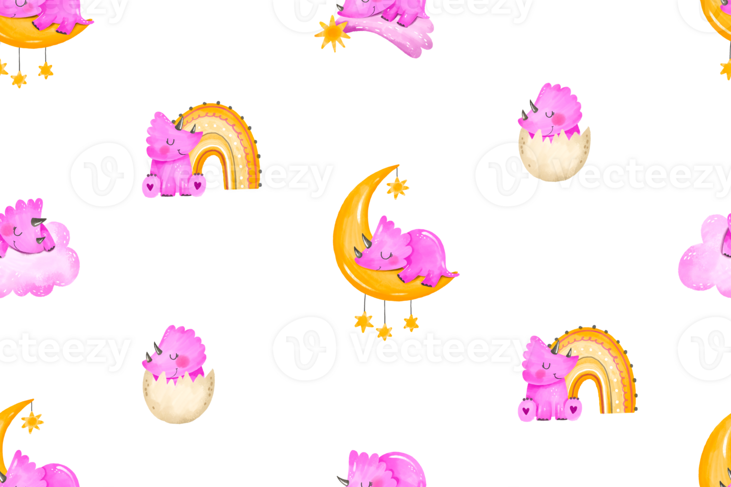 Baby girl seamless pattern with pink watercolor dinosaurs. Dino sleep on cloud and star. Up in the sky. Bedtime background. Pattern for nursery baby room textile print wrap paper. Its a girl png