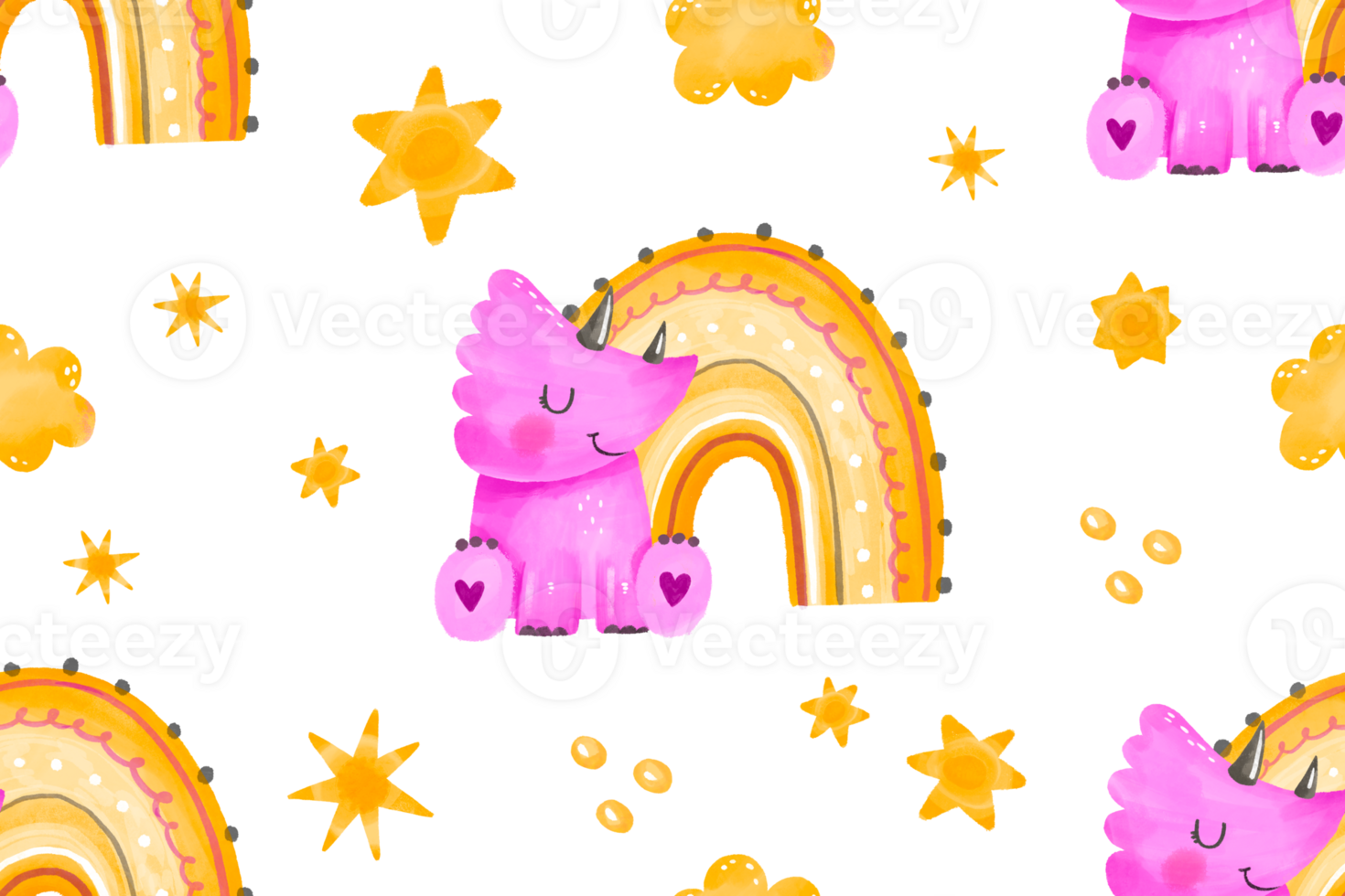 Baby girl pink dinosaur and rainbow. Sky pattern. Infant seamless pattern for baby room, nursery bedroom. Newborn child watercolor endless background for kids png