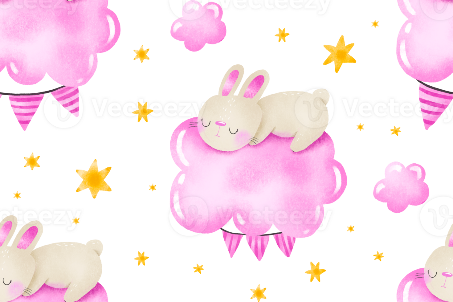Seamless pattern newborn infant rabbit sleeping on fluffy cloud. Girly pink watercolor pattern for newborn girl. Nursery background, bedroom pattern. Good night decor. fantasy png