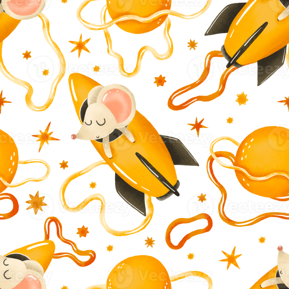 Hand drawn yellow cosmos pattern with rocket ship and mause cosmonaut. Cute planets and orbits, abstract texture,, stars, dots abstract patterns. Perfect for kids . Hand drawncartoon illustration. png