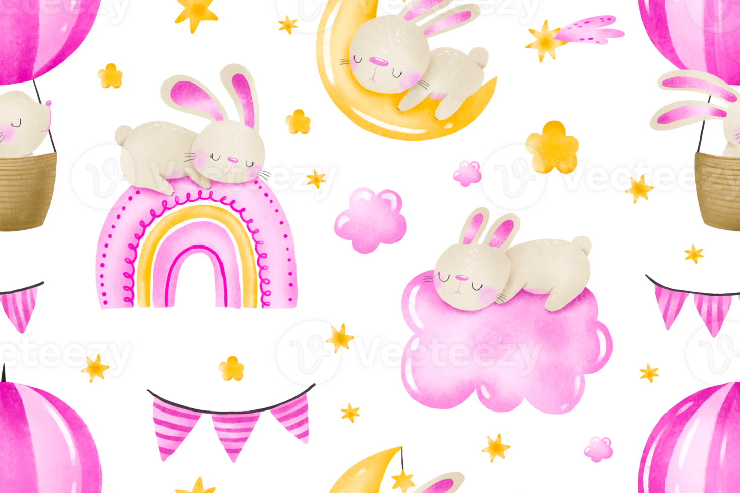 Watercolor seamless pattern cute rabbit and hot air balloons. Bunny in sky, clouds, rainbow, moon, stras. Pinky girl Baby holiday, birthday. Infant hand drawn illustration. Baby shower png