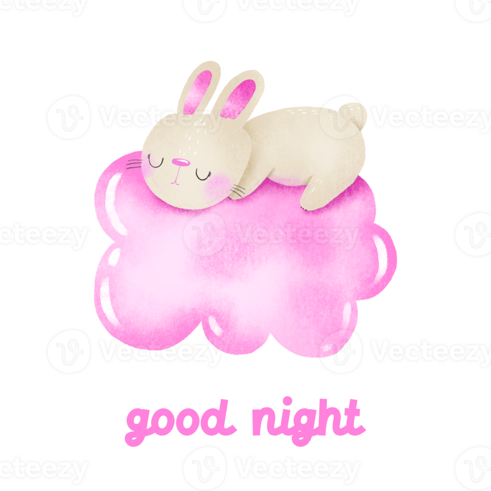 Baby bunny sleep on pink cloud nursery poster. Cartoon watercolor illustration of baby shower card or bedroom decoration with little newborn character. Baby girl card png