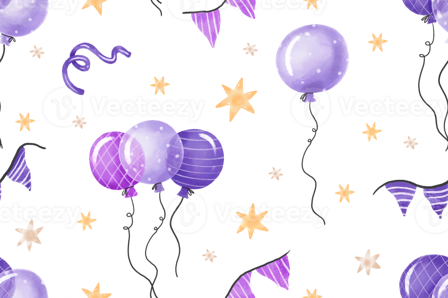 Seamless pattern of helium air balloon. Blue round balloons on strings, flags, stripes, background. Watercolor birthday pattern png