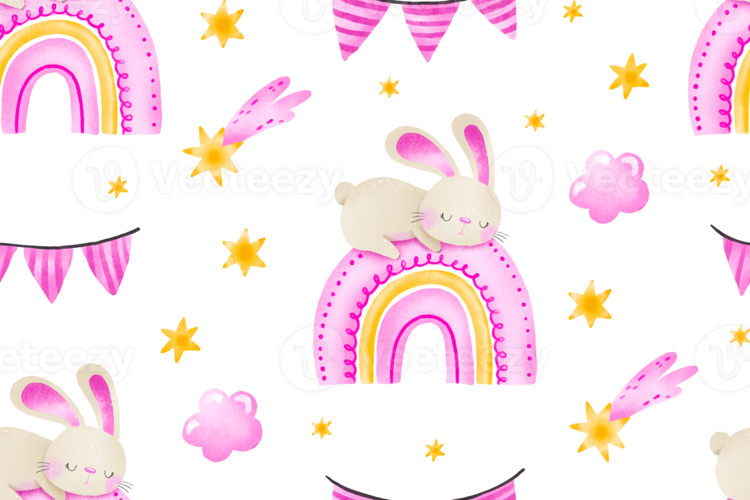 Seamless pattern newborn infant rabbit sleeping on rainbow, Girly pink watercolor pattern for newborn girl. Nursery background, bedroom pattern png