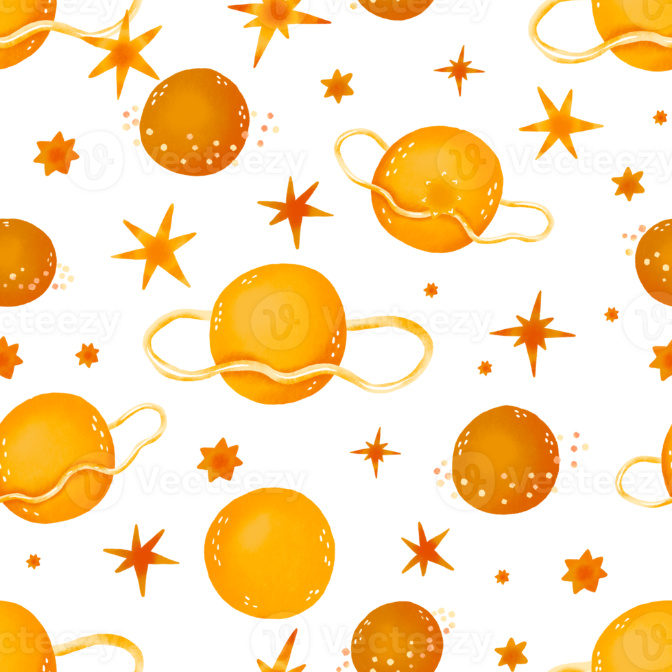 Hand drawn yellow cosmos pattern. Cute planets and orbits, stars, dots abstract patterns. Perfect for kids fabric, textile, nursery wallpaper. Hand drawncartoonillustration. png