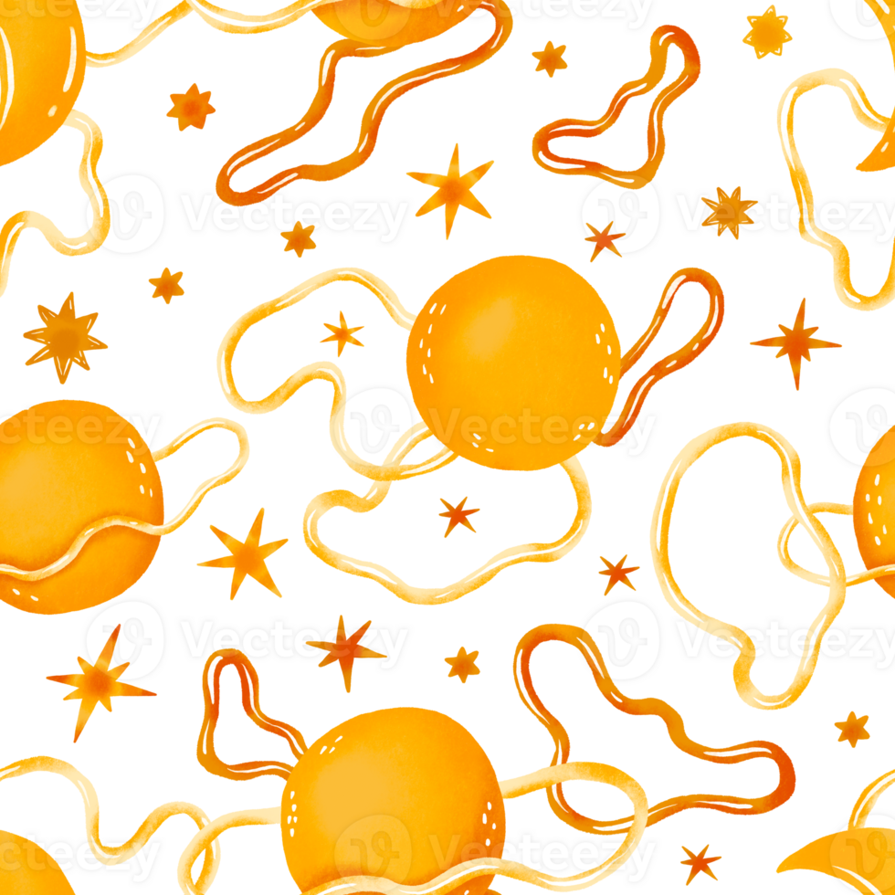 Hand drawn yellow cosmos pattern. Cute planets and orbits, abstract texture,, stars, dots abstract patterns. Perfect for kids fabric, textile, nursery wallpaper. Hand drawncartoonillustration. png