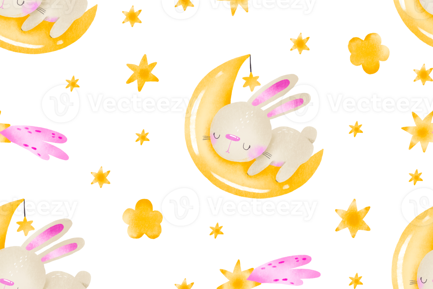 Seamless pattern newborn infant rabbit sleeping on moon, Girly pink watercolor pattern for newborn girl. Nursery background, bedroom pattern. Good dreams png