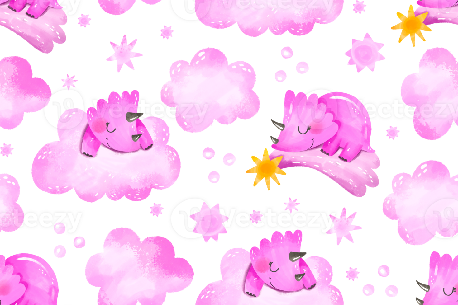Baby girl seamless pattern with pink clouds and dinosaurs. Dino sleep on cloud and star. Up in the sky. Bedtime background. Pattern for nursery baby room textile print wrap paper png