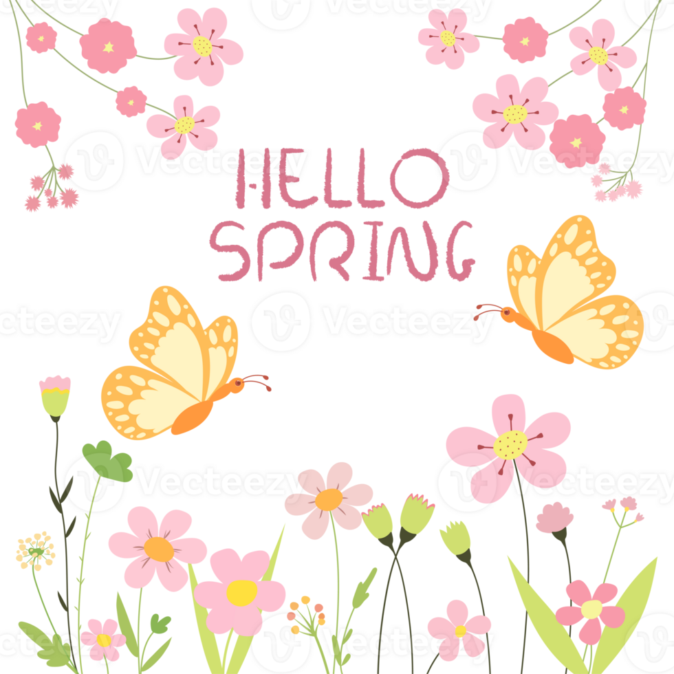 Hello spring. Spring illustration with flowers, butterflies and text. Spring gentle background in pastel colors on a transparent background png
