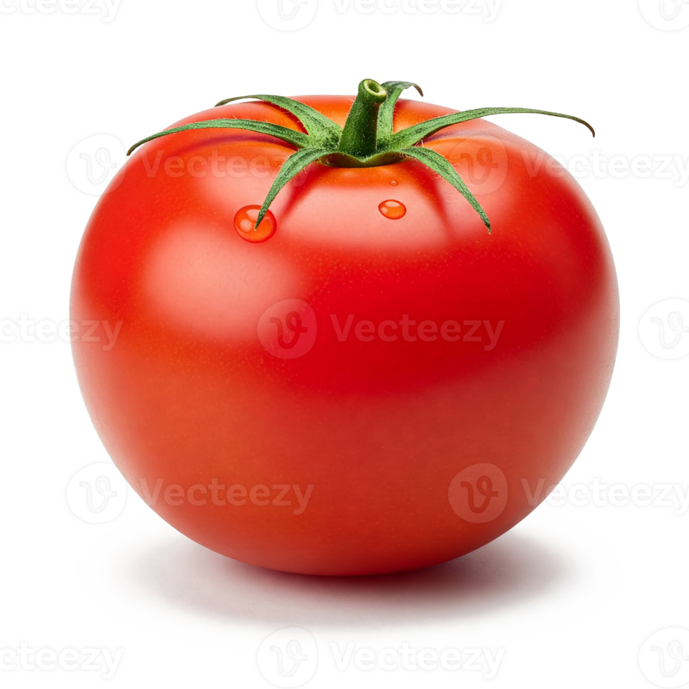 Juicy red tomato with dew drops on transparent background, isolated. Fresh and appetizing, ideal for culinary projects and healthy food advertising. png