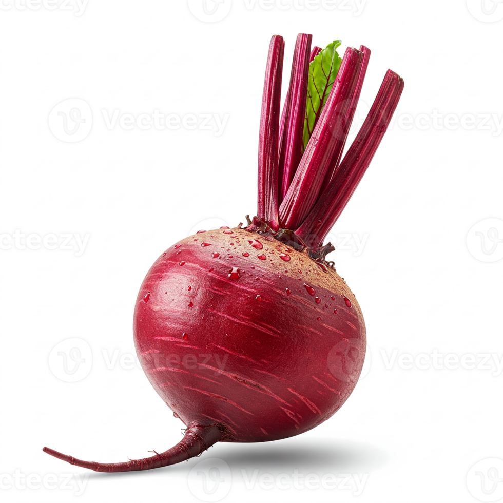 Fresh beetroot with tops and dew drops on transparent background. Fresh and appetizing, ideal for culinary projects and healthy food advertising. For balanced diet and natural lifestyle. png